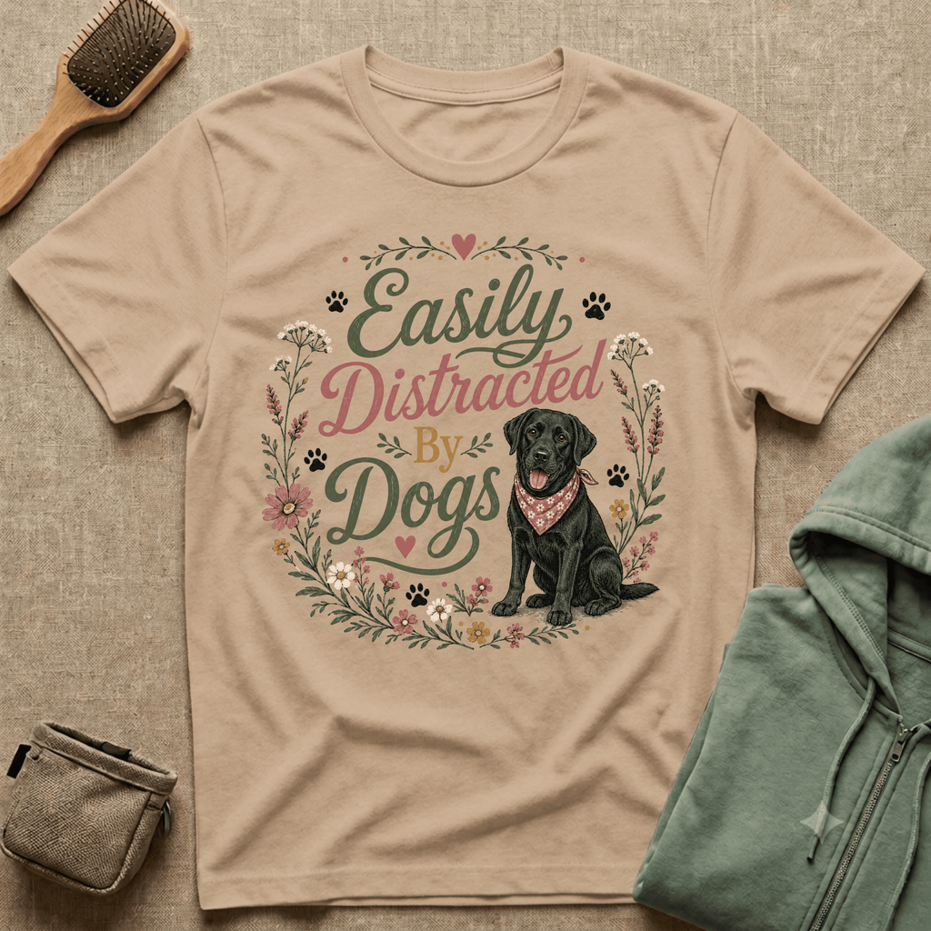 Easily Distracted By Dogs T-Shirt — Cute Black Lab Floral Dog Lover Tee