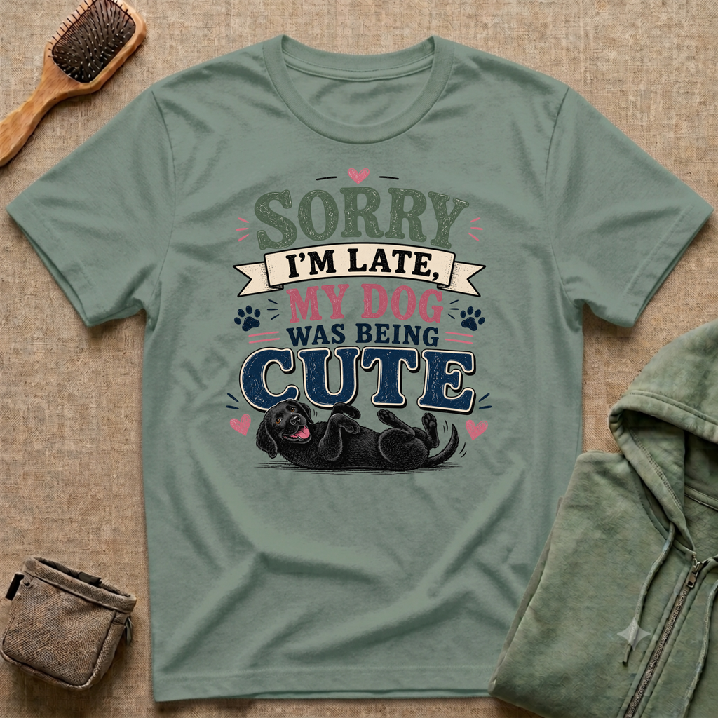 Sorry I'm Late My Dog Was Being Cute T-Shirt — Black Lab Dog Lover Tee
