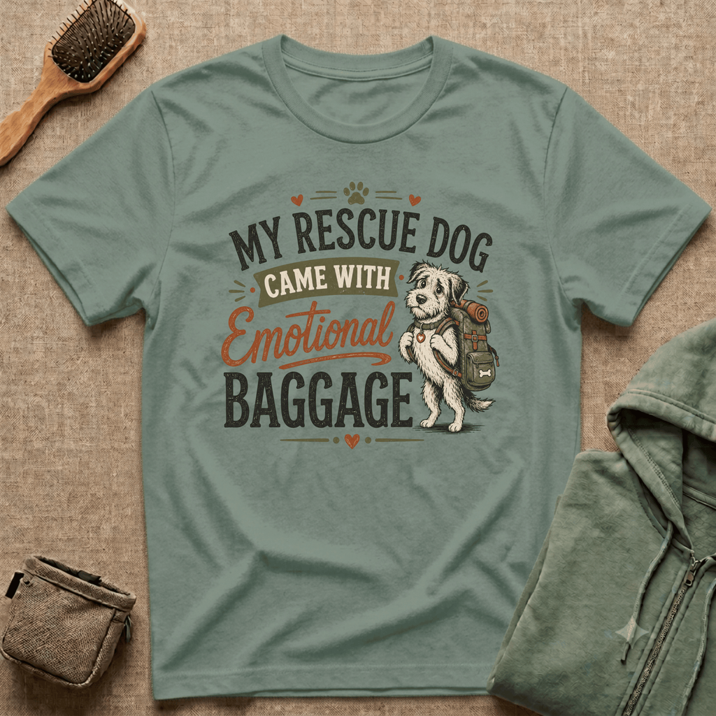 Rescue Dog T-Shirt — "My Rescue Dog Came With Emotional Baggage" Cute Adopted Pup Tee