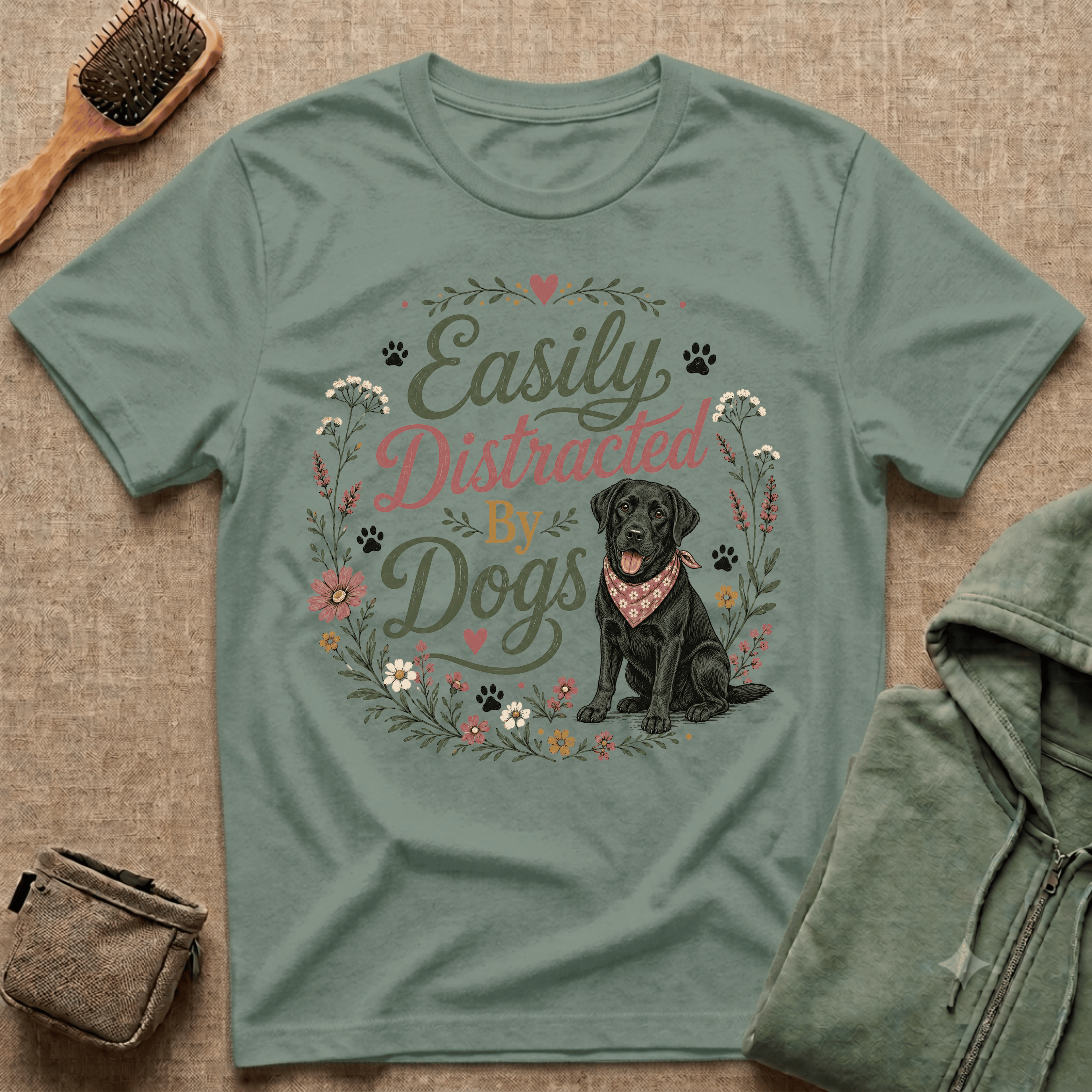 Easily Distracted By Dogs T-Shirt — Cute Black Lab Floral Dog Lover Tee