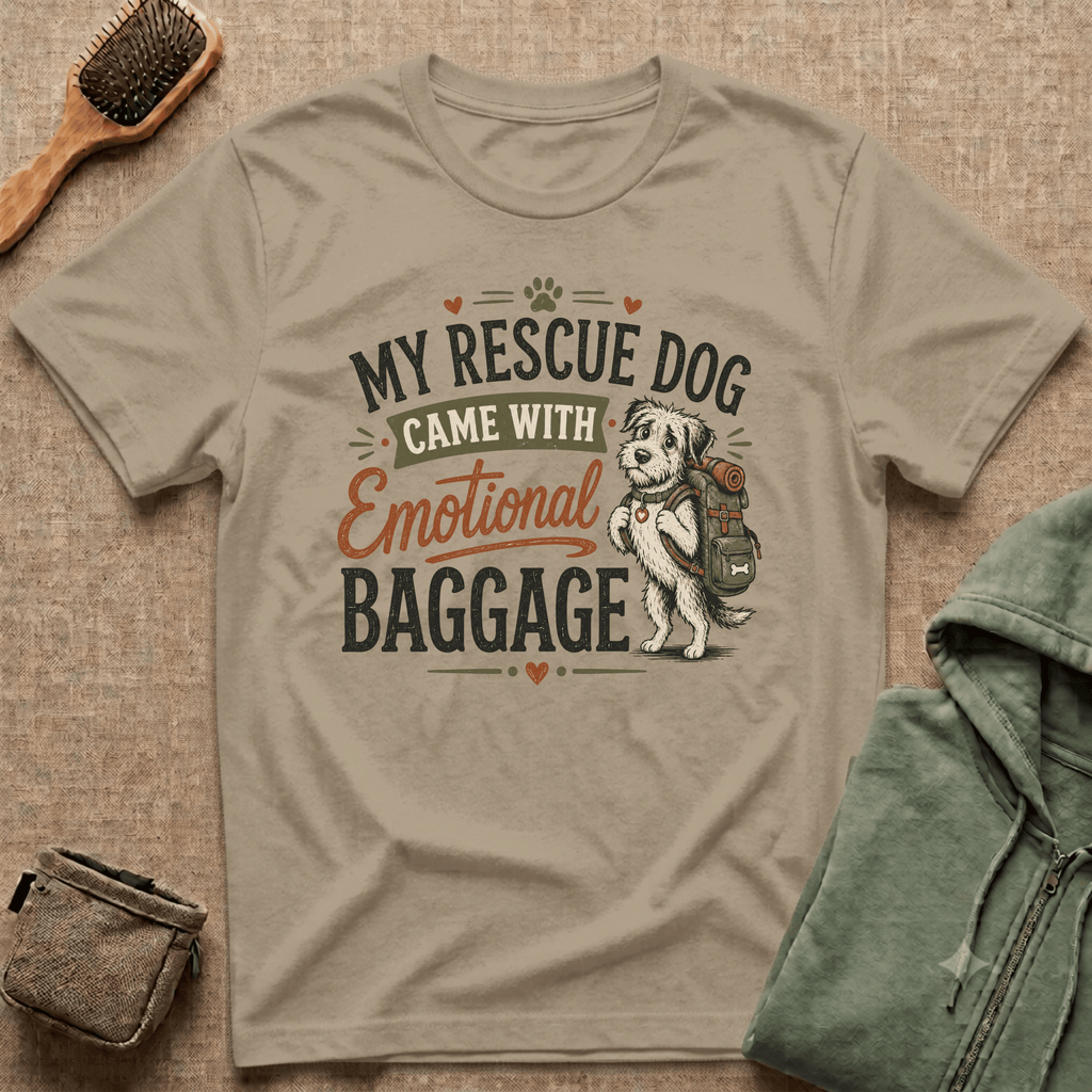 Rescue Dog T-Shirt — "My Rescue Dog Came With Emotional Baggage" Cute Adopted Pup Tee
