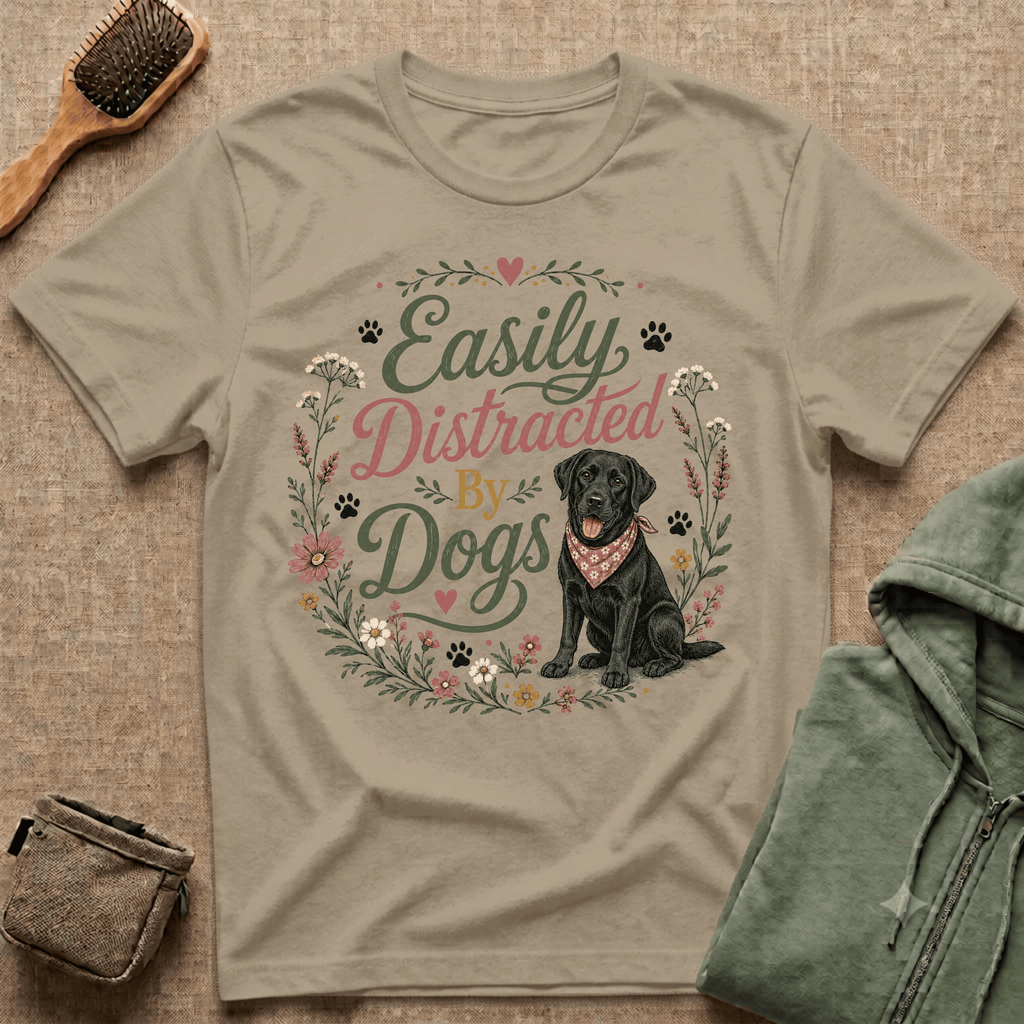 Easily Distracted By Dogs T-Shirt — Cute Black Lab Floral Dog Lover Tee