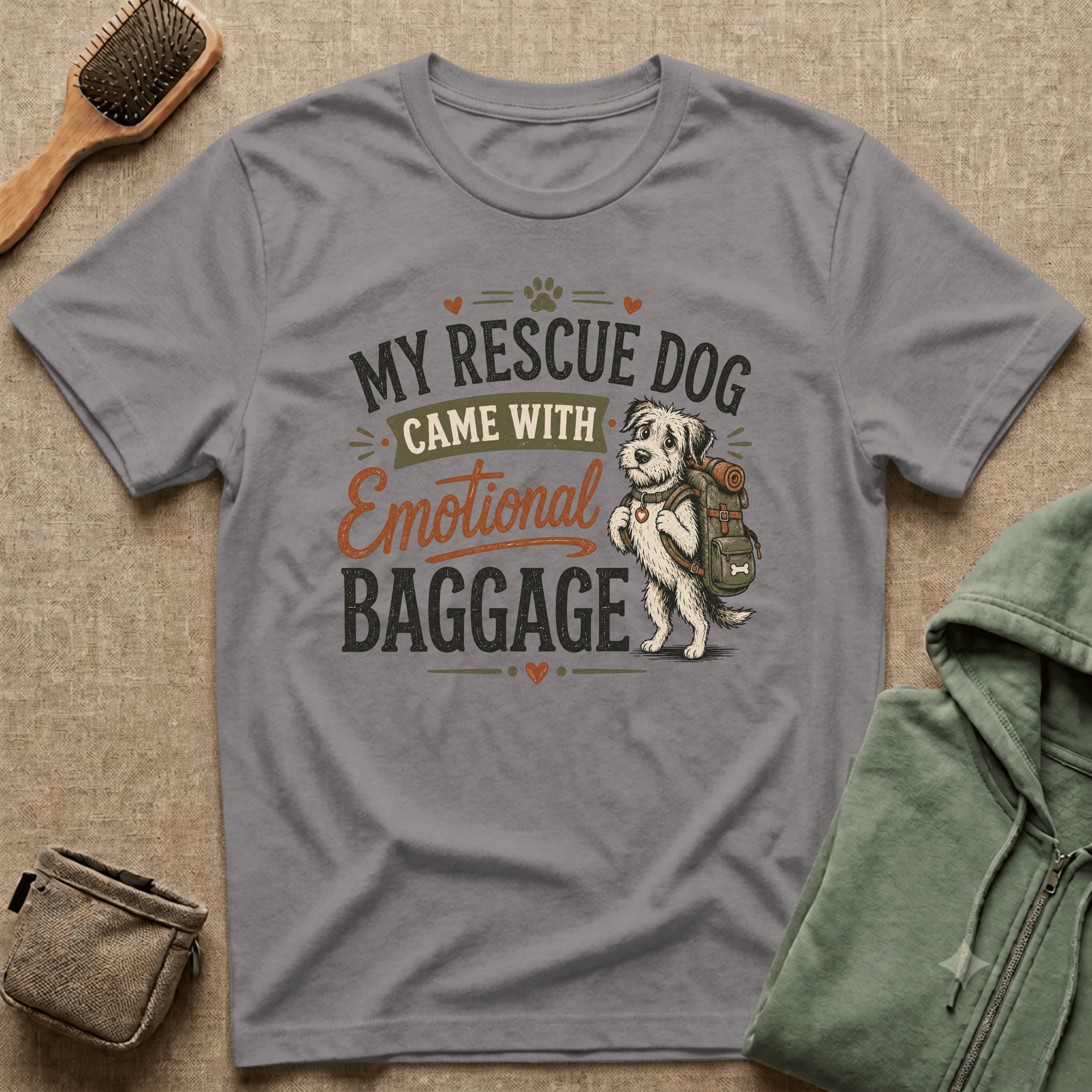 Rescue Dog T-Shirt — "My Rescue Dog Came With Emotional Baggage" Cute Adopted Pup Tee