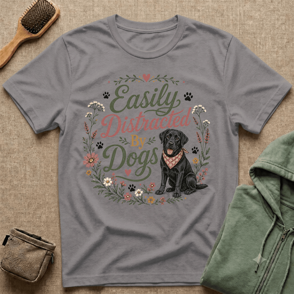 Easily Distracted By Dogs T-Shirt — Cute Black Lab Floral Dog Lover Tee