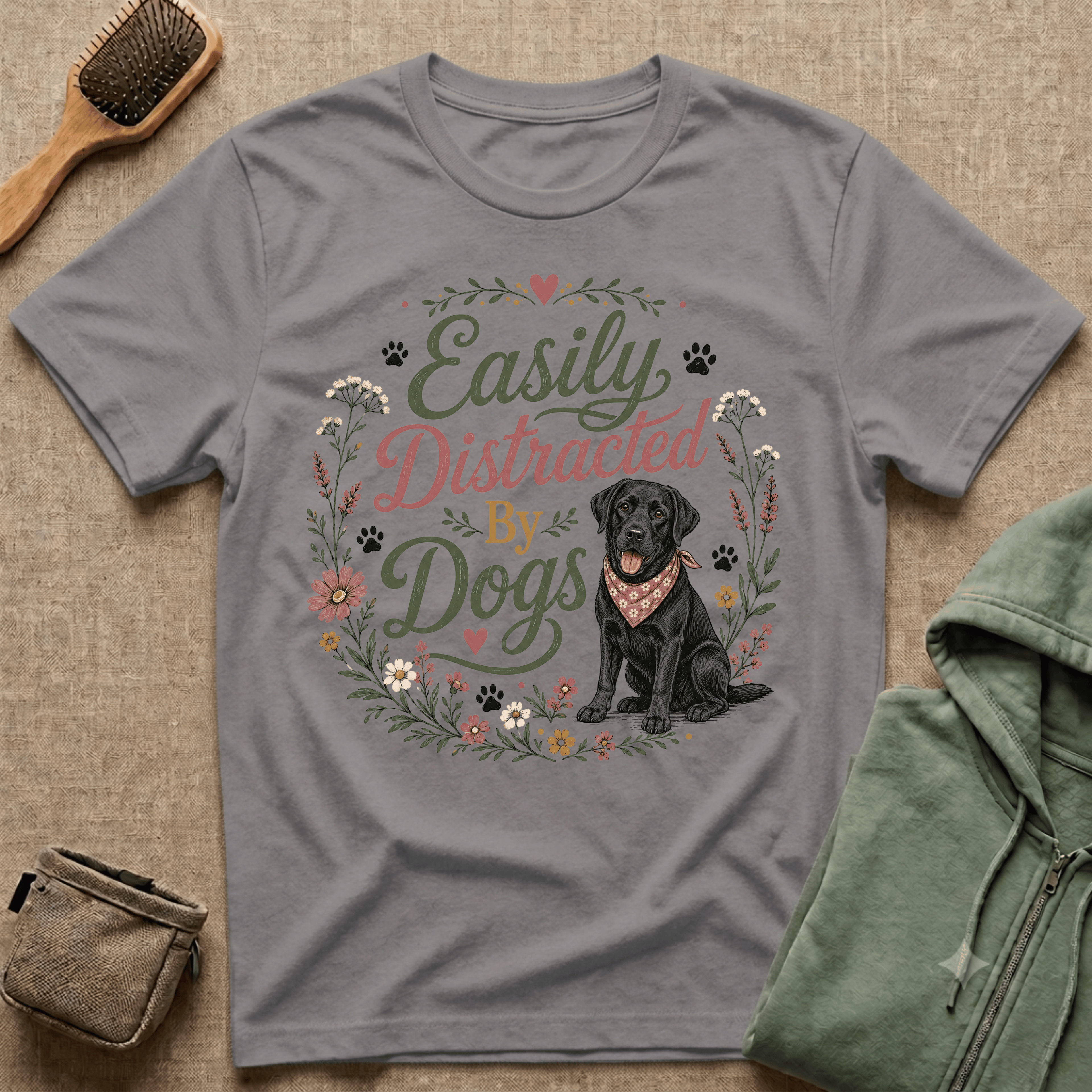 Easily Distracted By Dogs T-Shirt — Cute Black Lab Floral Dog Lover Tee