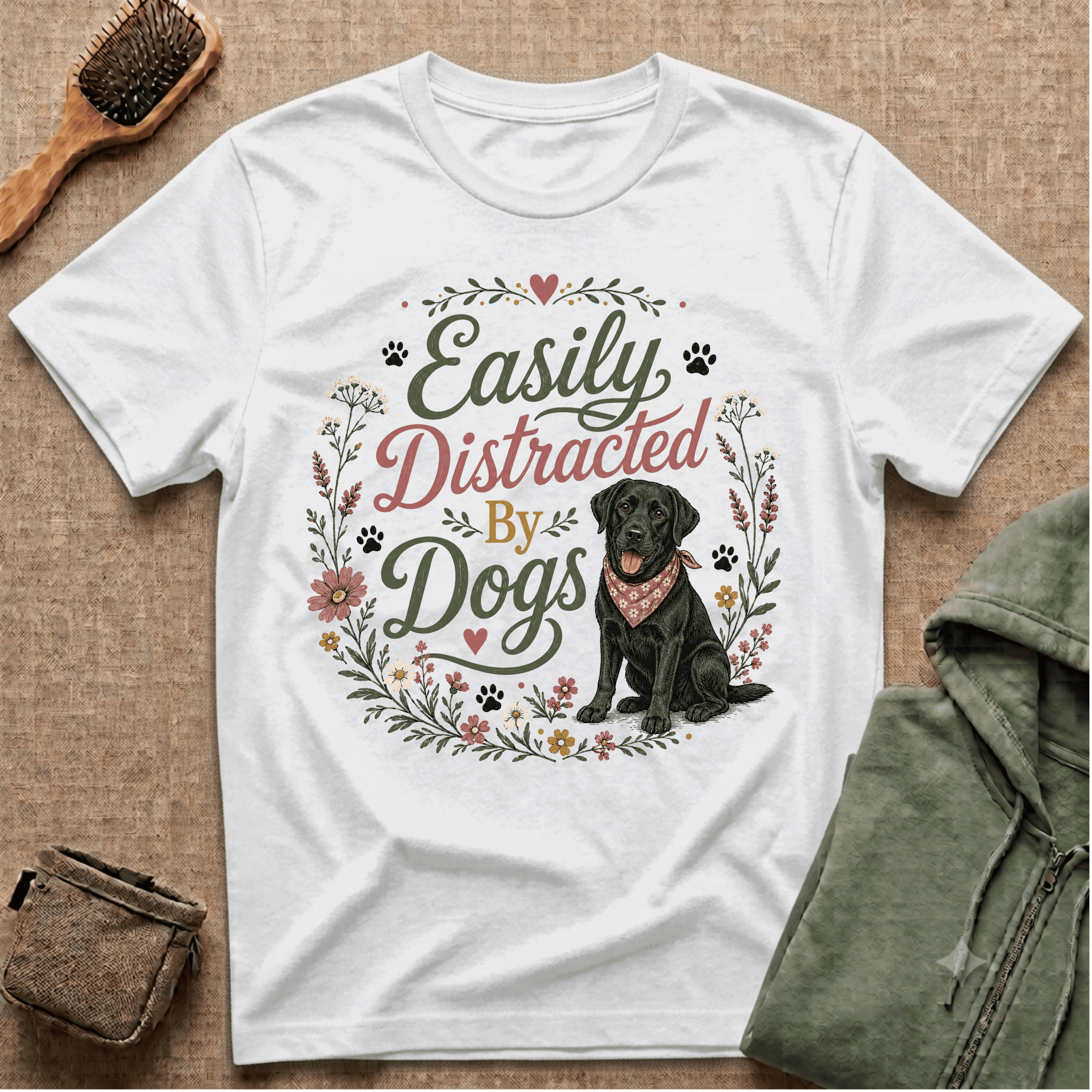 Easily Distracted By Dogs T-Shirt — Cute Black Lab Floral Dog Lover Tee