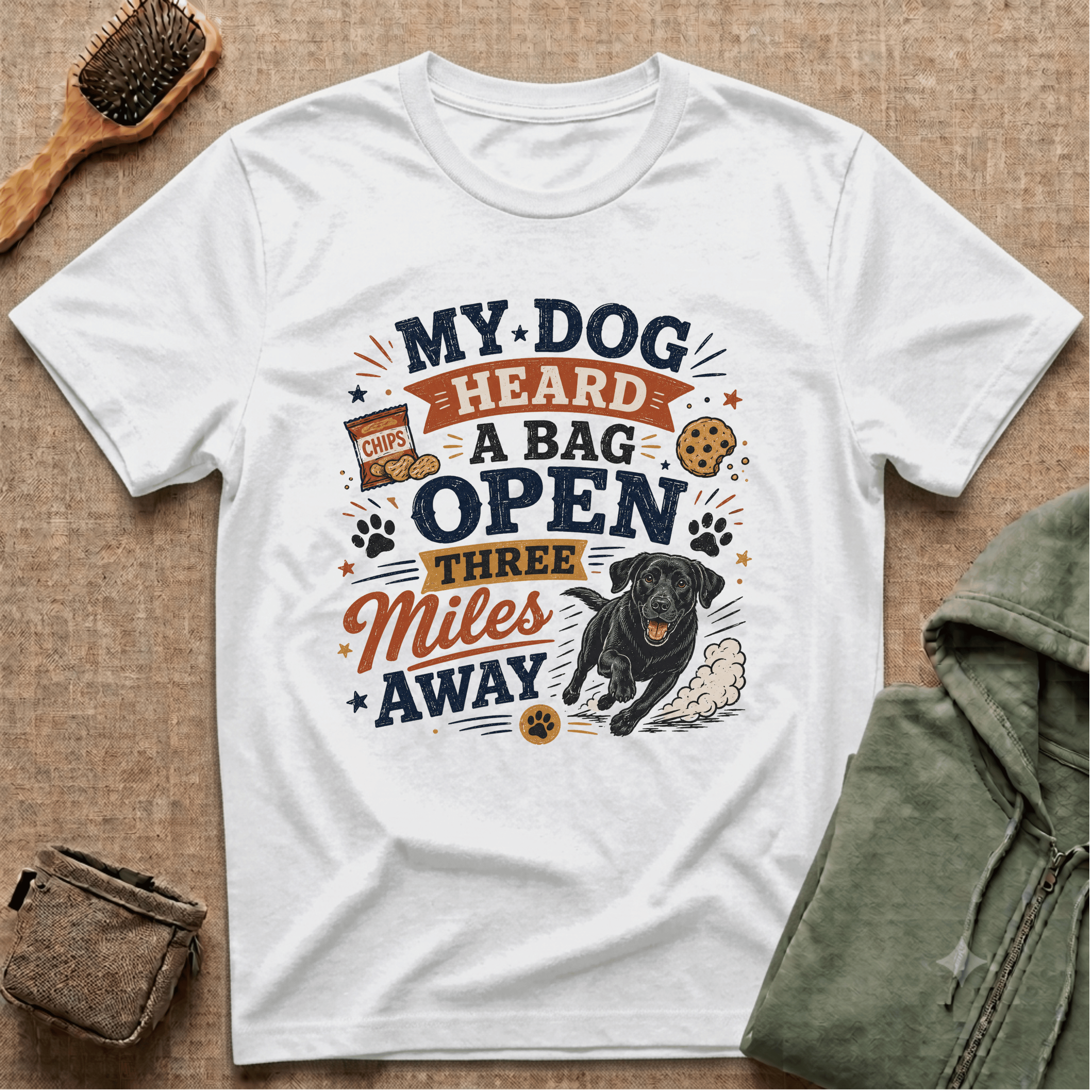 Dog Lover T-Shirt — "My Dog Heard A Bag Open Three Miles Away" Funny Pet Tee