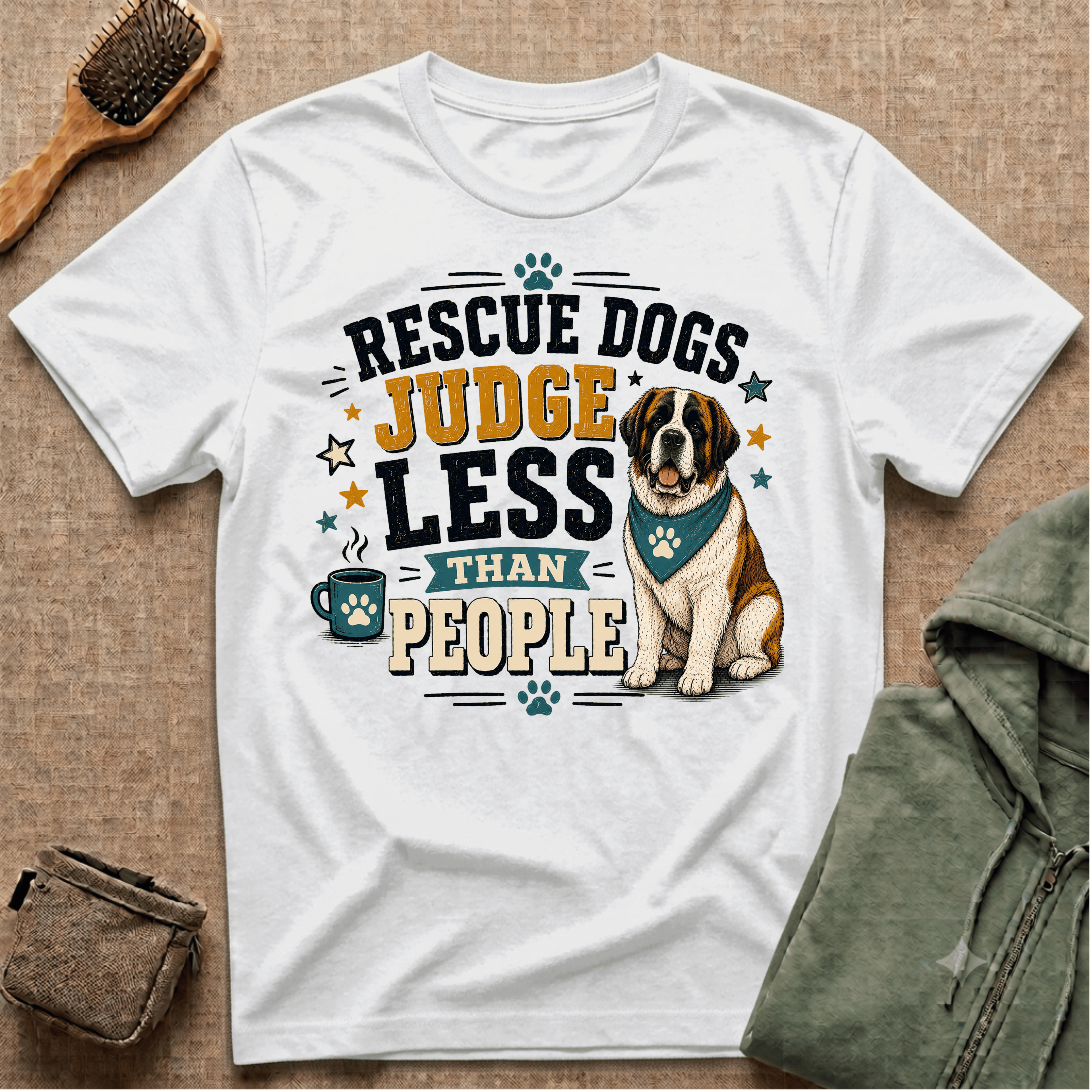 Rescue Dogs Judge Less Than People T-Shirt — Cute St. Bernard Rescue Tee