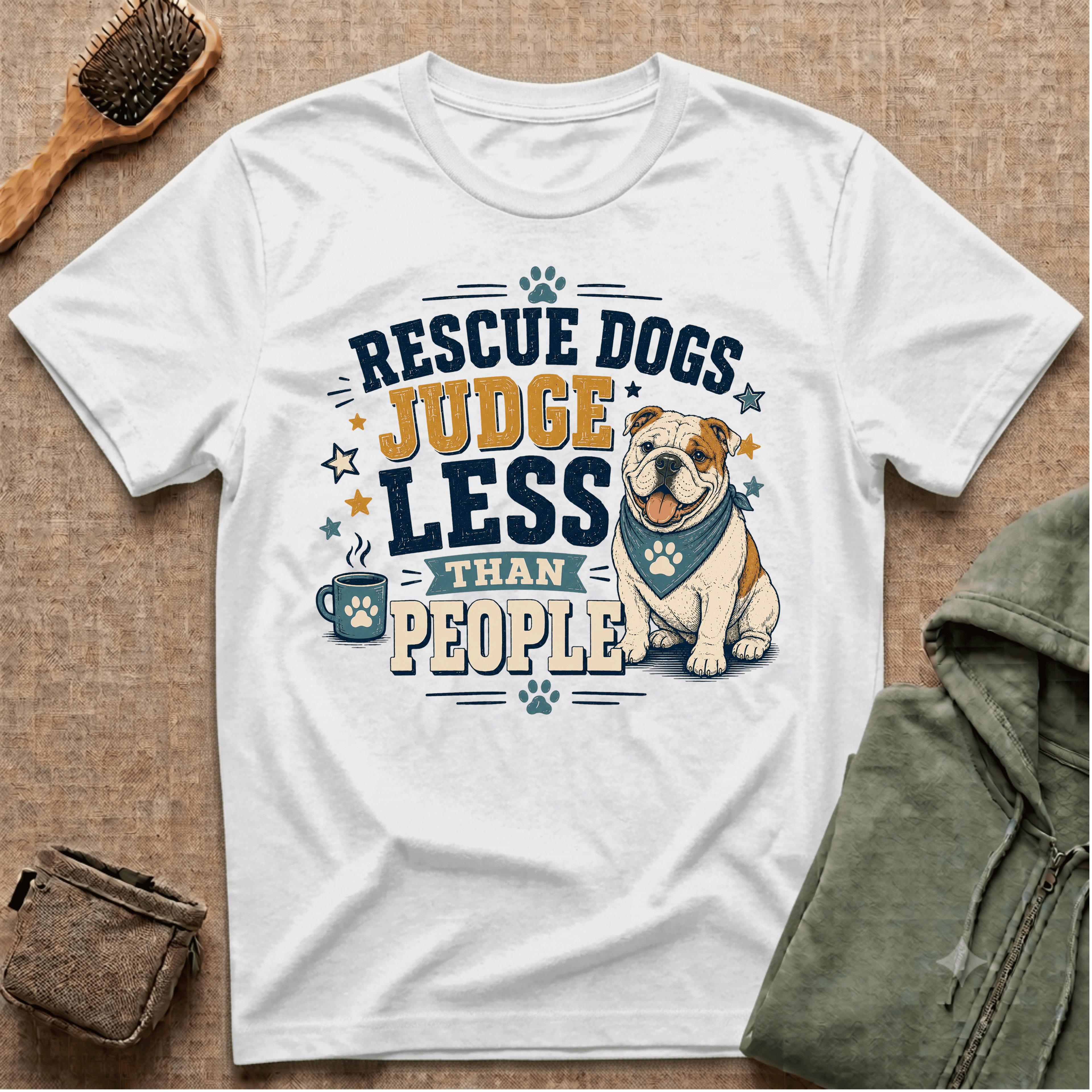 Rescue Dogs Judge Less Than People T-Shirt — Cute Bull Dog Rescue Tee
