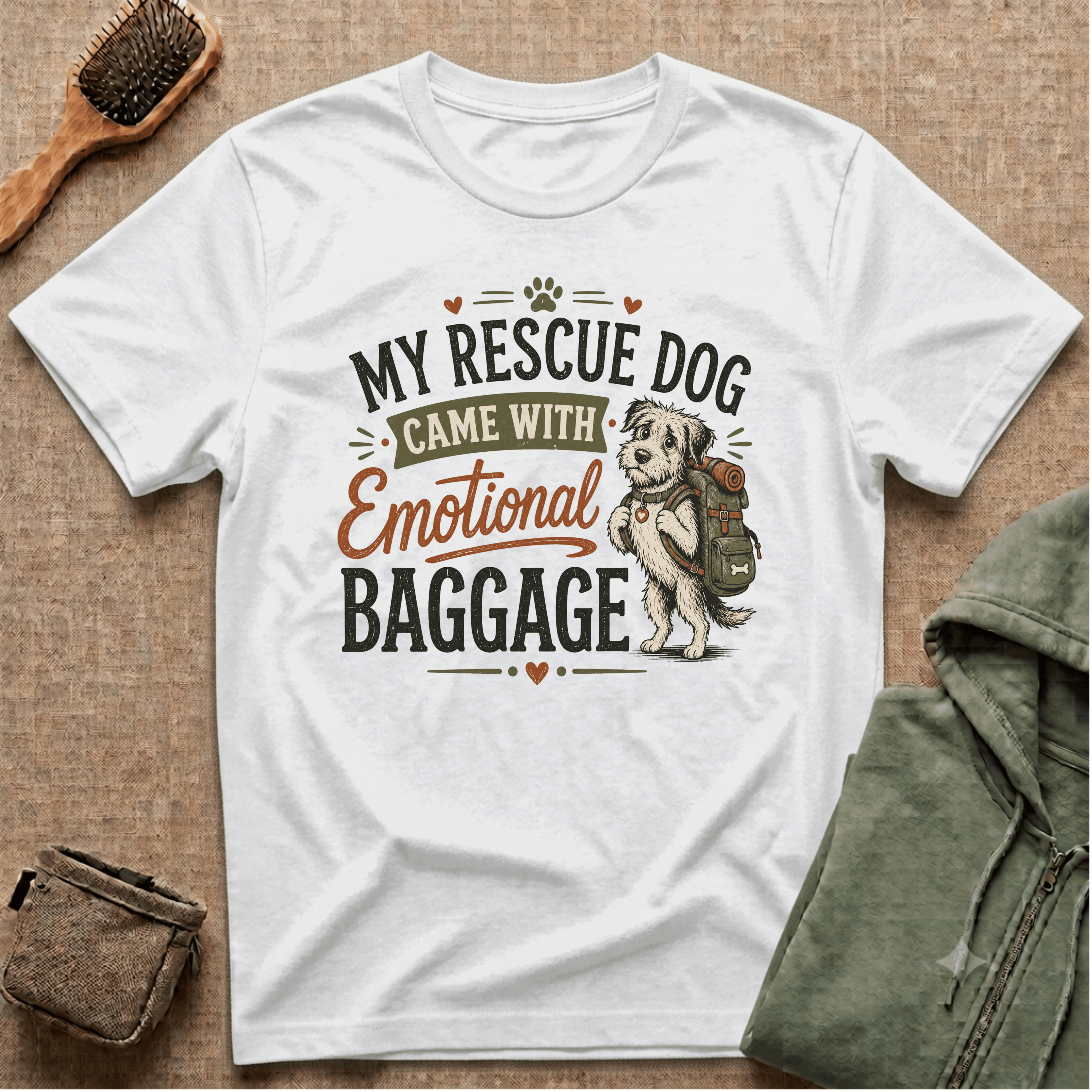Rescue Dog T-Shirt — "My Rescue Dog Came With Emotional Baggage" Cute Adopted Pup Tee